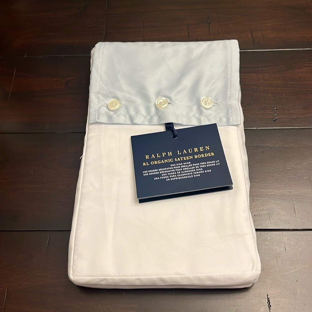 Ralph Lauren RL Organic Sateen Border King Pillow Sham Blue Hyacinth